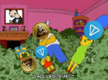a cartoon of simpsons characters laying on a pile of money with the caption all laughing