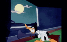 a cartoon of a duck holding a gun in a dark room .