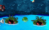 a cartoon of a frog swimming in the water with a red truck in the background