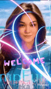 a woman in a blue jacket is surrounded by neon lights and the words welcome