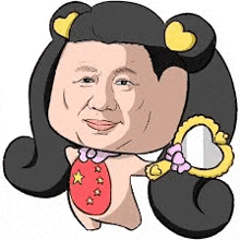 a cartoon of a man with long hair and a heart shaped necklace holding a mirror .