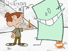 a cartoon of a boy holding a pencil standing next to a drawing of a person with the word nick on it