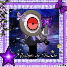 a picture of rodger de chande with purple butterflies and a purple star