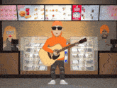 a cartoon of a man playing a guitar in front of a mcdonalds menu