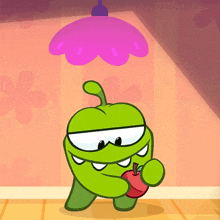 a green cartoon character is holding an apple under a purple lamp