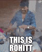 a man in a blue plaid shirt is cooking and the caption says this is rohit