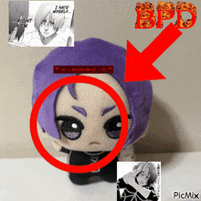 a stuffed animal with purple hair has a red circle around it and a bpd logo