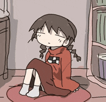 a cartoon of a girl sitting on a rug with her eyes closed