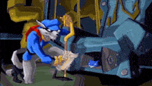 a cartoon of sly cooper standing next to a vehicle