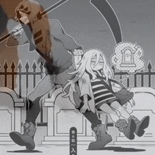 a black and white drawing of a man and a little girl