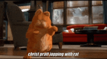 a cartoon cat is jogging in a living room with the caption christ pratt jopping with rat