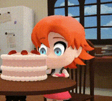 a cartoon girl is sitting at a table eating a cake