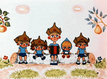a cartoon drawing of a boy playing an accordion and a girl holding a stump