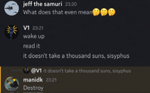 a conversation between jeff the samur and v1