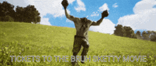 a man is running in a field with the words " tickets to the bruh sketty movie " above him