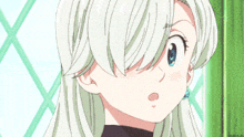 a close up of a girl 's face with long white hair