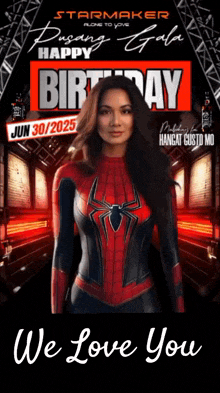 a woman in a spiderman costume is featured on a birthday card
