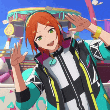 a cartoon character with orange hair and green eyes is wearing headphones
