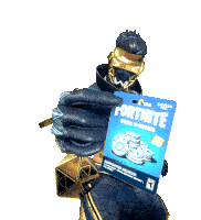a man in a blue and gold outfit is holding a fortnite gift card