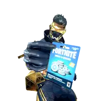 a man in a blue and gold outfit is holding a fortnite gift card