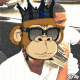 a monkey wearing a crown and sunglasses holds a pile of money