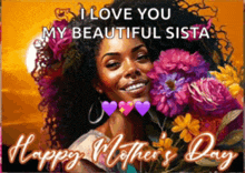 a mother 's day card with a woman holding flowers in her hair