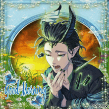 a picture of a man with horns and the words good morning on it