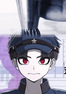 a drawing of a person with red eyes and a star on their hat
