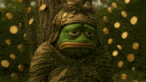 a green frog with the number 42 on its hat