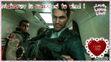 a picture of a man holding a gun with the words " makarov is married to vlad " above him