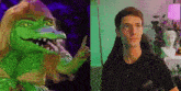 a picture of a crocodile next to a picture of a man wearing a black shirt