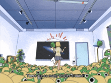 a girl is running through a room full of stuffed frogs with the words " there are so many uncles around " above her
