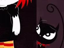 a cartoon character with red hair is standing next to a black cat with a red collar .