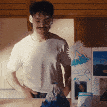a man in a white shirt stands in front of a drawing of a mountain