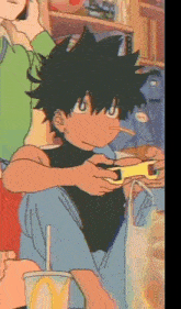 a cartoon of a boy playing a video game with a cigarette in his mouth