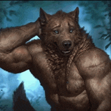 a painting of a werewolf with big muscles scratching his head