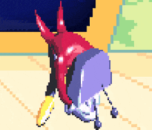 a pixel art drawing of a devil with horns holding a banana