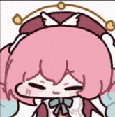 a cartoon girl with pink hair and a crown on her head is sitting down with her eyes closed .