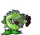 a cartoon drawing of a green monster with sharp teeth and a sword in its mouth .