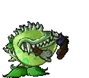 a cartoon drawing of a green monster with sharp teeth and a sword in its mouth .