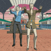 a cartoon drawing of two men standing in front of a train that says 06