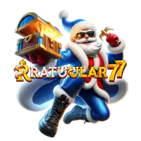a cartoon of santa claus holding a treasure chest with the words ratuular 77 on the bottom