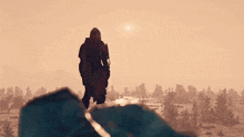 a silhouette of a person standing on a rock looking out over a snowy landscape