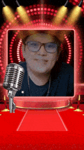 a picture of a person with glasses and a microphone in front of them