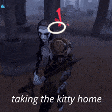 a screenshot of a video game with the words " taking the kitty home " on the bottom