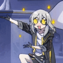 a cartoon girl with gray hair and yellow eyes is standing in a room .