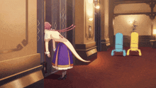 a woman in a purple dress stands in a hallway next to a blue and yellow robot