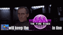 a man stands in front of a purple sign that says the fire rises in line