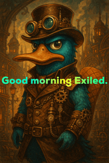 a picture of a steampunk duck with the words good morning exiled