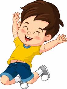 a boy in a yellow shirt and blue shorts is jumping in the air with his arms outstretched